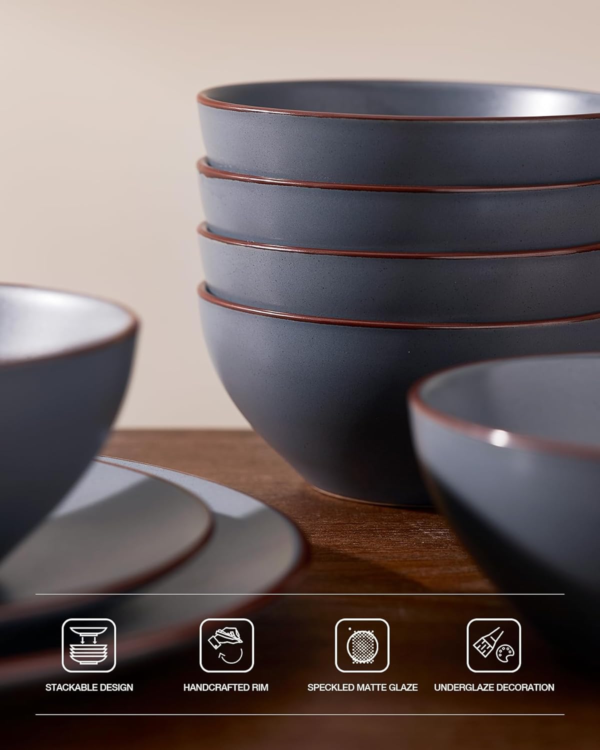 Famiware Venus Plates and Bowls Sets, 12 Pieces Stoneware Speckled Dinnerware Sets, Dishes Set for 4, Microwave and Dishwasher Safe, Matte Charcoal