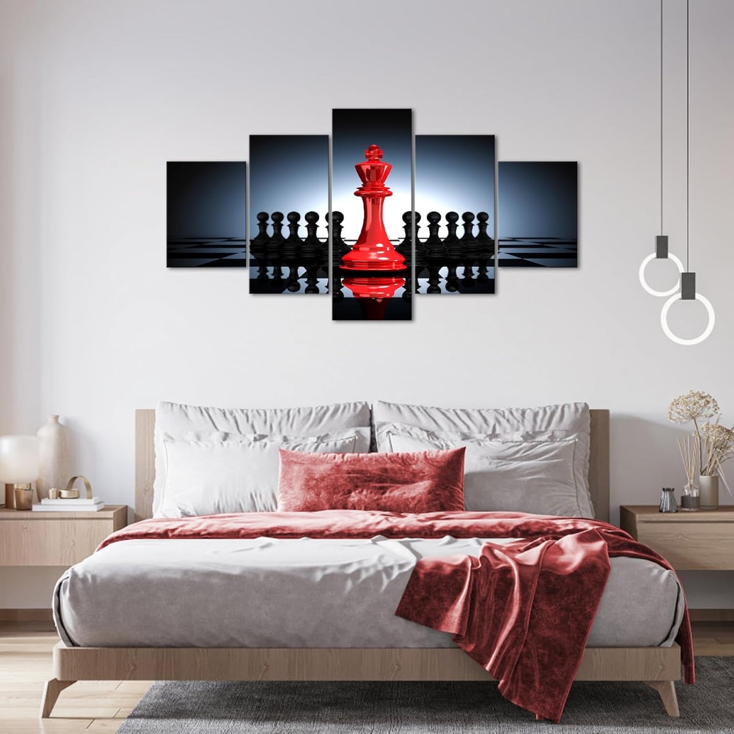 iHAPPYWALL Large 5 Pieces Modern Black And Red King And Knight Chess Pictures Print Canvas Wall Art for Home Chess Game RoomLiving Room Decor Ready To Hang
