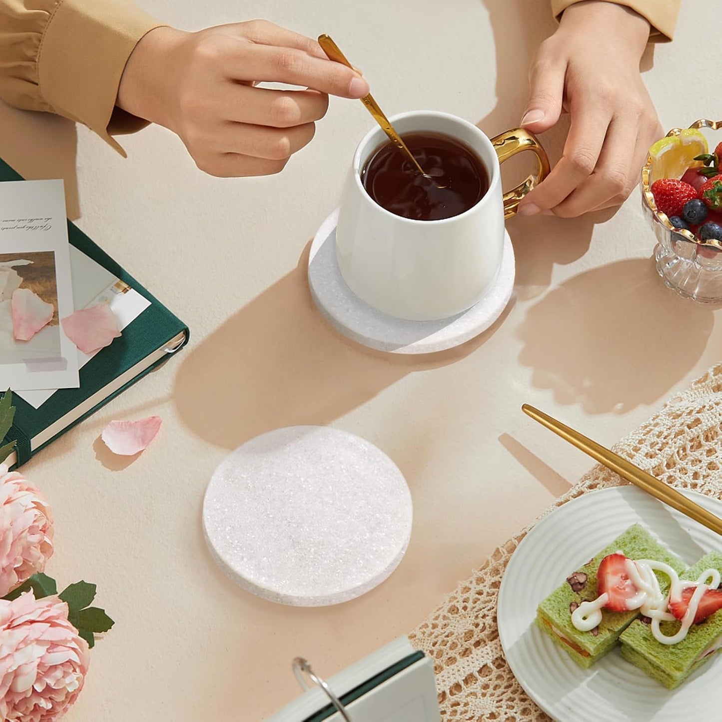 Light Gray Marble Coasters with Bling Particles Set of 4 - Natural Marble Stone Drink Coaster with Protective Silicone Feet, 4 inch Diameter, 0.4 inch Thick - Heat-Resistant Coasters for Coffee Table