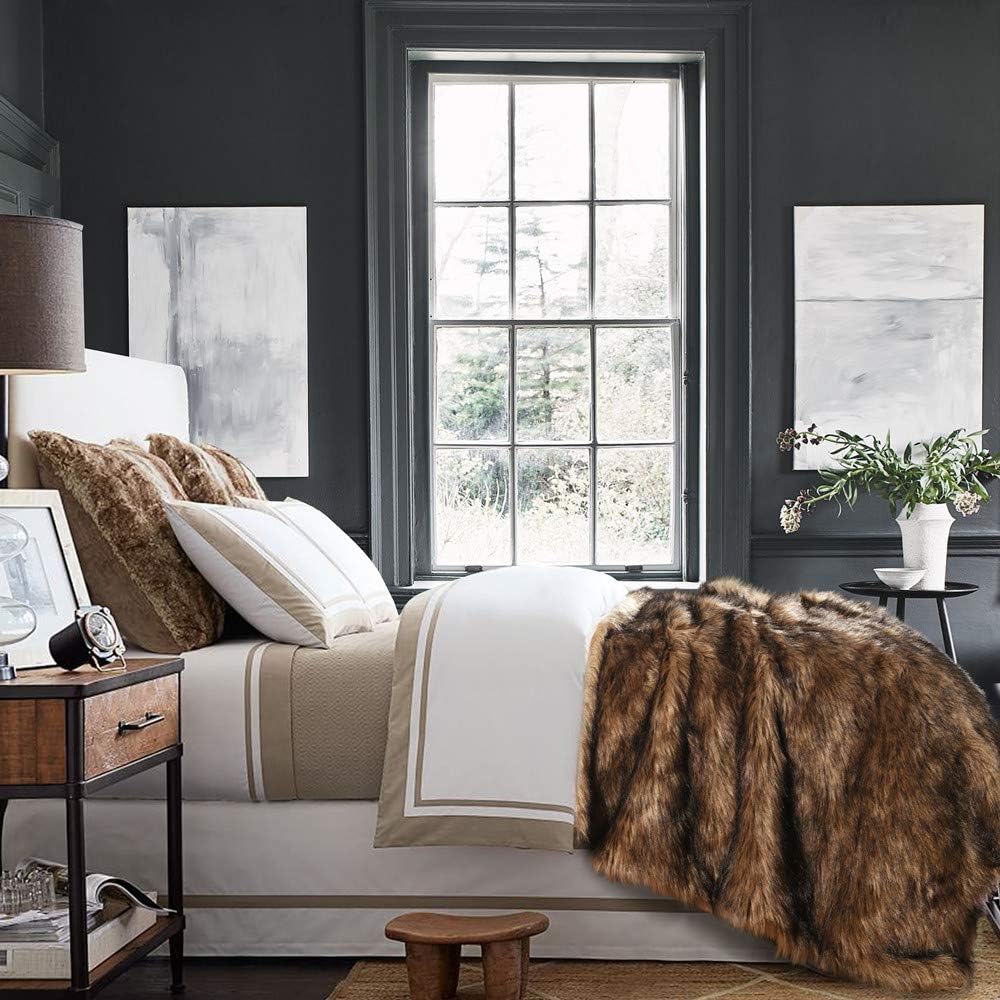 Luxury Plush Faux Fur Blanket Queen Size, Long Pile Brown with Black Tips, Oversized Super Warm, Fuzzy, Elegant, Fluffy Decoration Throw Blanket for Sofa, Armchair, Couch and Bed, 90"x90"