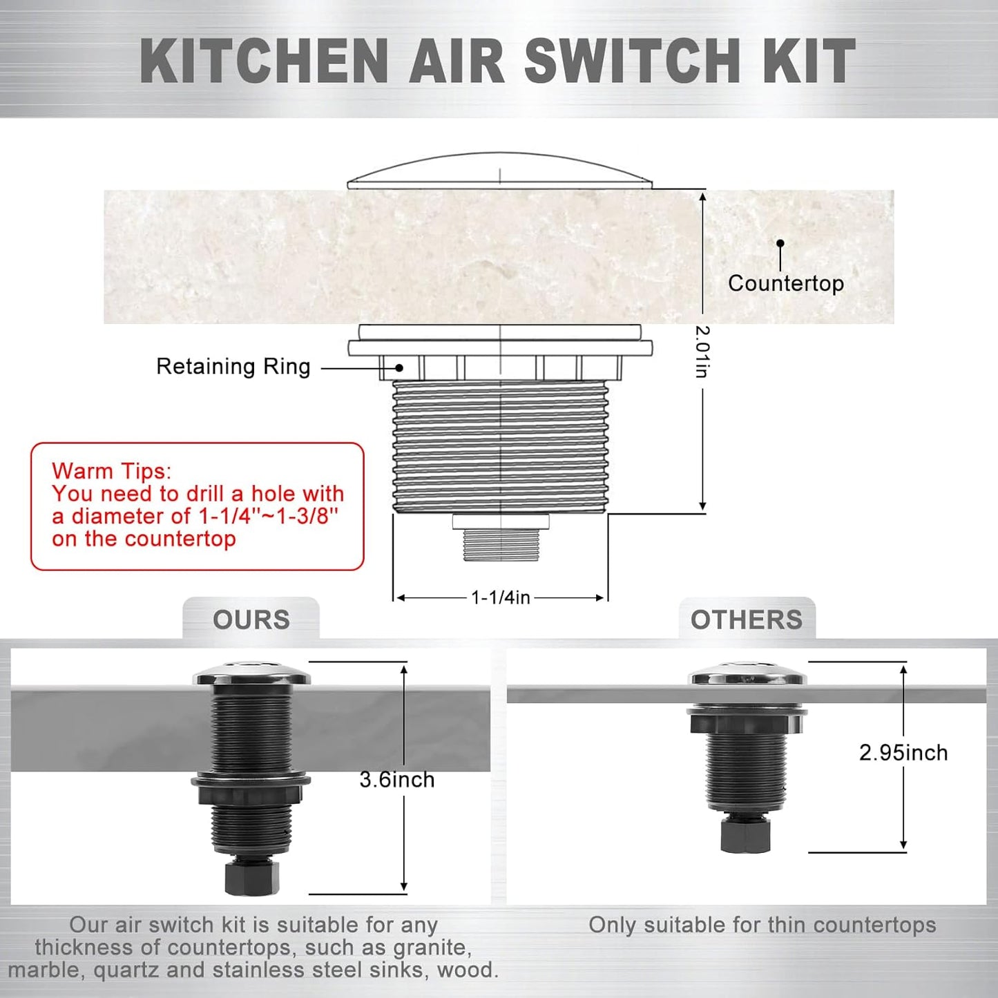 Garbage Disposal Air Switch Kit, Garbage Disposal Button, Sink Top Waste Disposer On/Off Switch, UL Listed Air Switch Compatible with All Garbage Disposals (Chrome Silver)