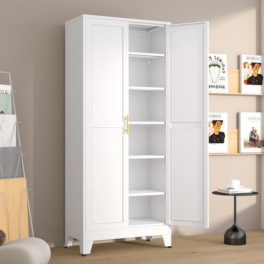 Metal Pantry Cabinet with 2 Doors and 5 Adjustable Shelves, 75" Kitchen Storage cabinets with Gold Handles, Versatile Storage for Laundry Room, Living Room, Bathroom, Dinning Room, Utility Room-White