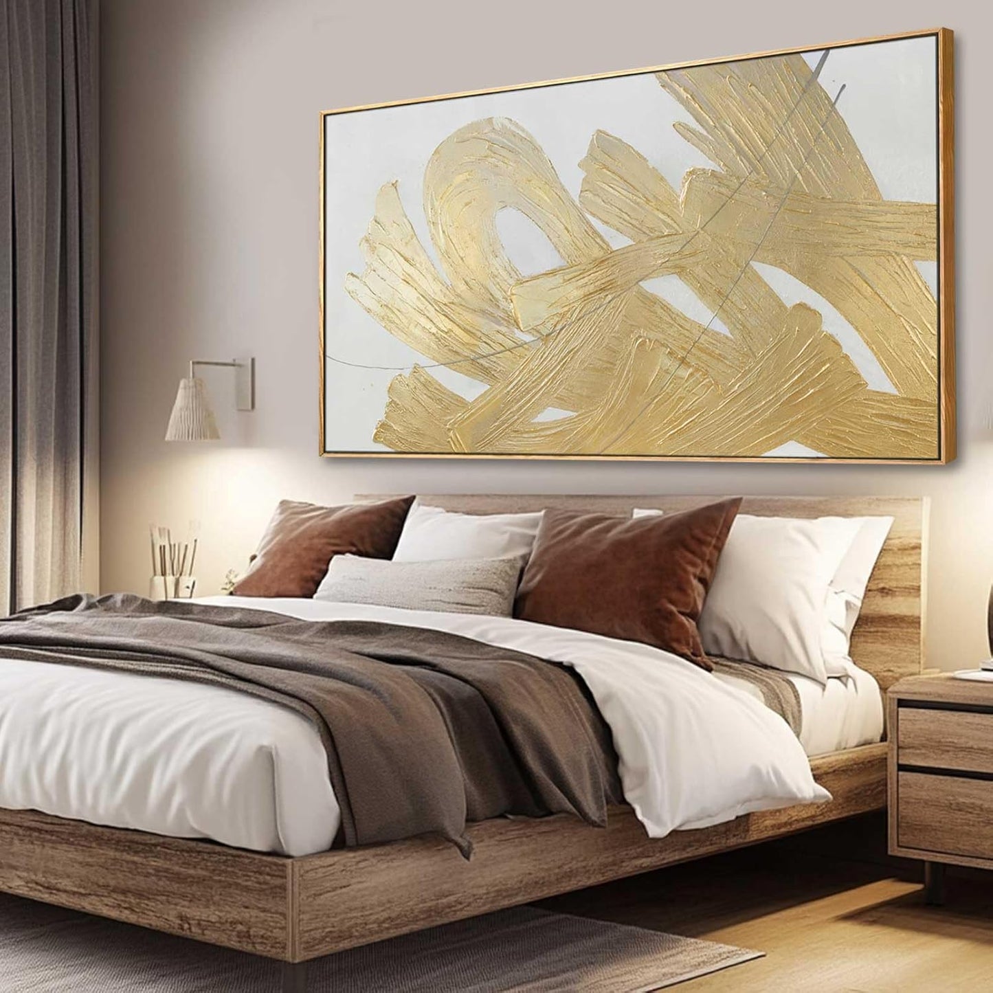 XIANSHOU White and Gold Wall Painting Neutral Wall Decor Modern Abstract Wall Art Minimalist Art 29"x58" Artwork for Living Room Kitchen Dining Room
