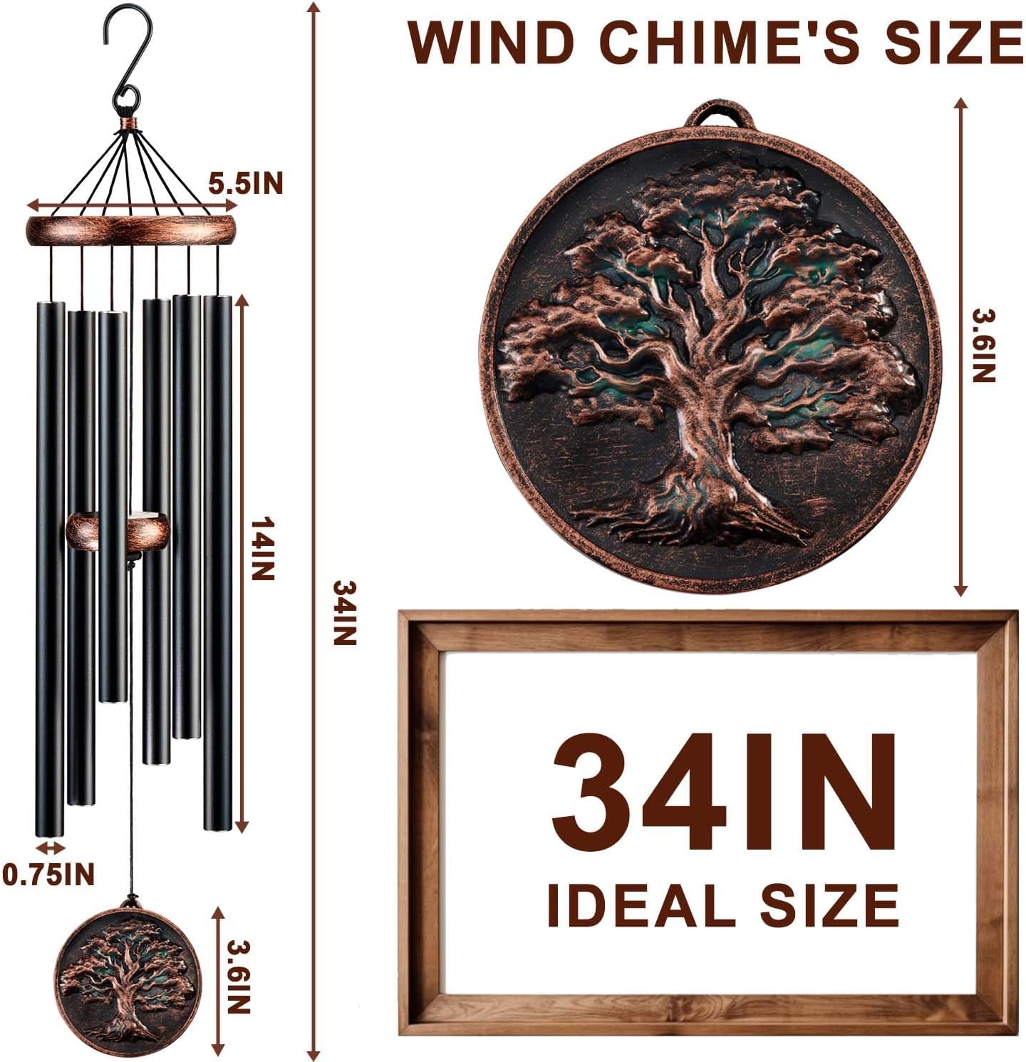 Memorial Wind Chimes for Loss of Loved One, Tree of Life Vintage Wind Chime for Outside, Sympathy/Memorial/Retirement/Festivals/Birthday Gift for Father/Mother/Lover (DIY 34" Tree of Life)