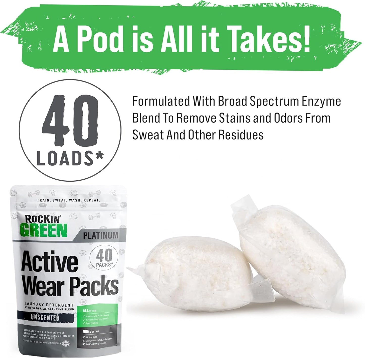 Rockin' Green Laundry Detergent Pods, Plant-based, All Natural, Vegan & Biodegradable Odor Fighter, Safe for Sensitive Skin (Unscented, Active Wear 40 Pods)