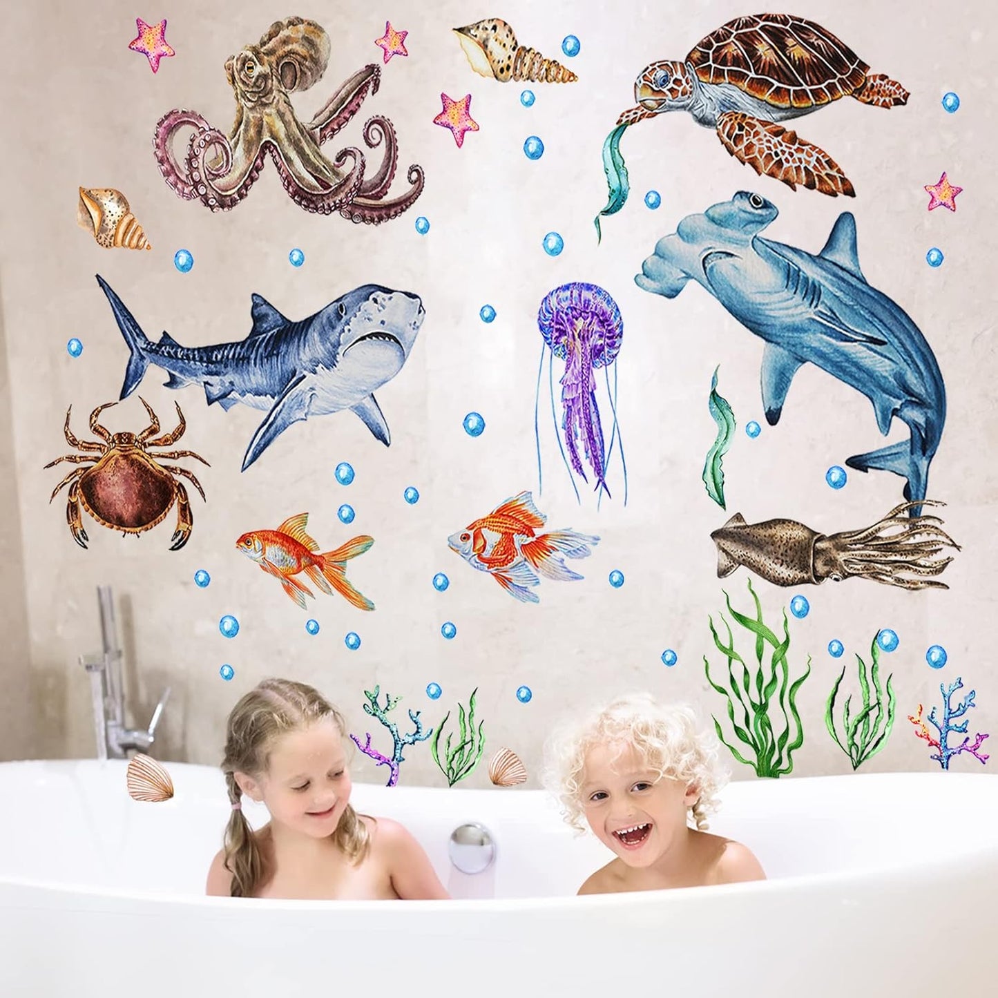 Sabary 4 Pieces Glow in The Dark Ocean Wall Decals Under The Sea Wall Decals Fish Stickers PVC Sea Animals Stickers for Room Living Room Nursery Bathroom Decoration