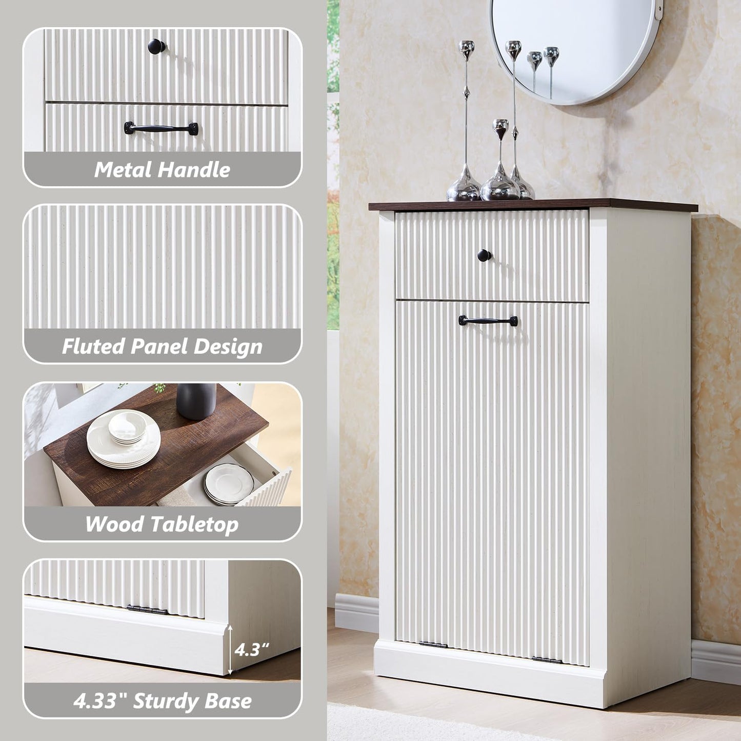 Modern Tilt-Out Trash Can Cabinet, 10 Gallon Fluted Laundry Hamper Cabinet with Drawers, Wooden Hidden Garbage Can Cabinets with Storage Basket, Free Standing for Kitchen and Living Room, White