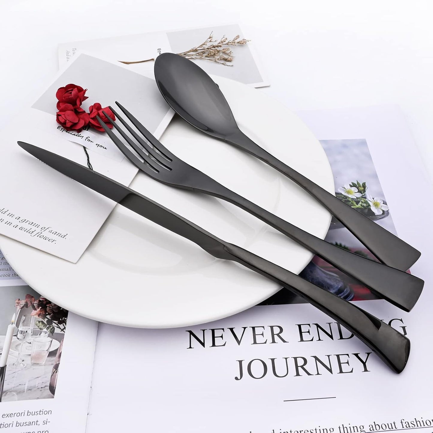 24-Piece Black Flatware, Mirror 18/10 Stainless Steel Modern & Luxury Dinnerware Set With Serrated Steak Knife Teaspoon For Daily Use or Dinner Party Restaurant - Service For 4