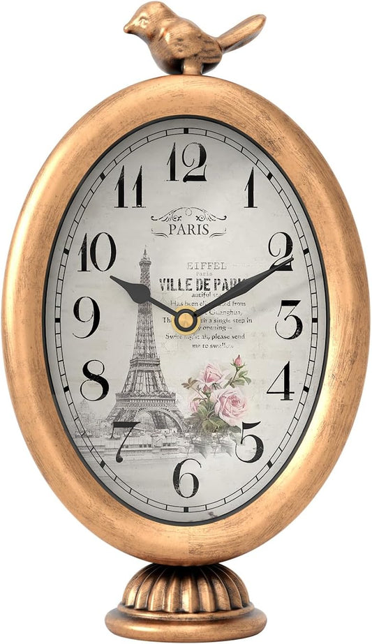 Vintage Table Clock with Bird, Desk and Shelf Decor Clock, French Paris Style, Antique Gold Metal Mantel Clocks for Living Room, Farmhouse, Bedroom, Bedside, Gift (10" H x 5.9" W)