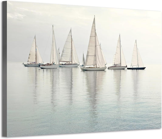 Nautical Sailing Picture Wall Art - Coastal Sailboat Canvas Ocean Ship Prints Sea Level Boat Painting Artwork for Living Room Home Office