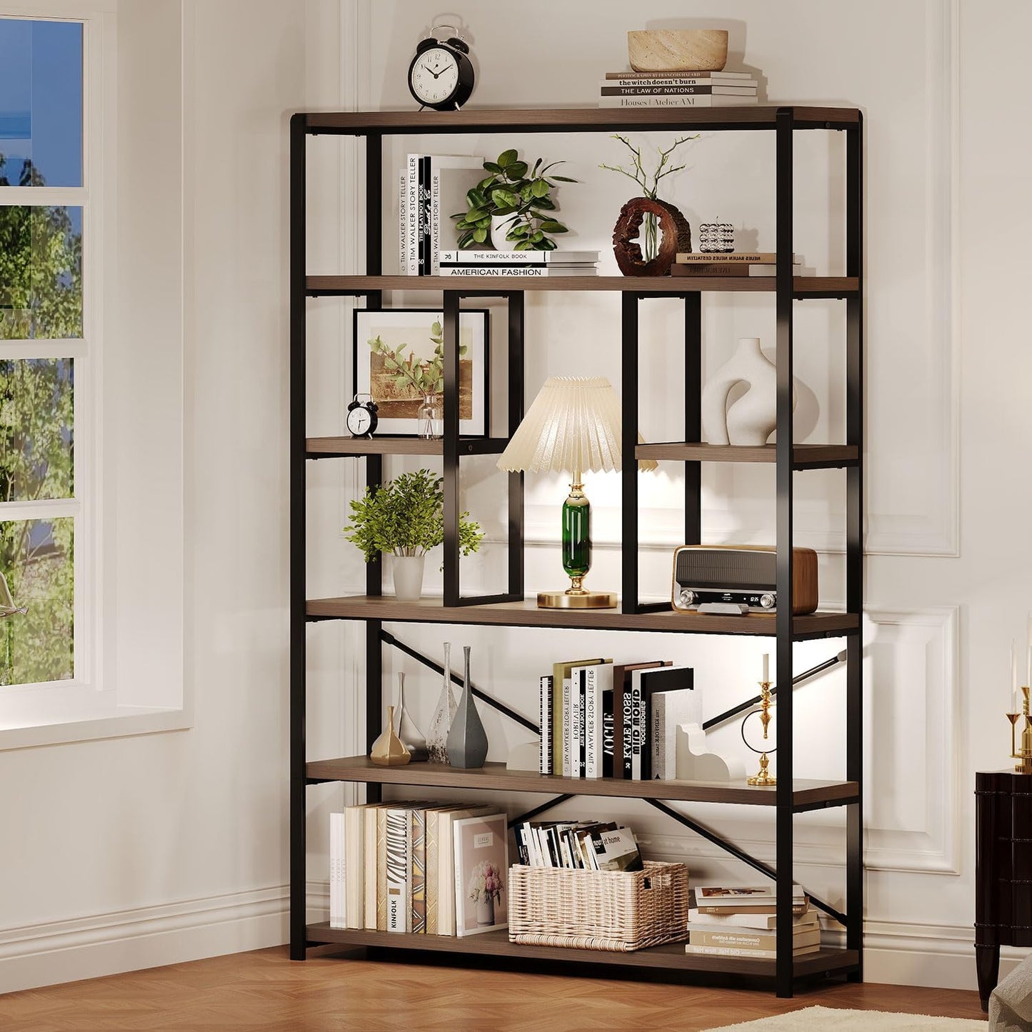 LVB Tall Industrial Etagere Bookcase, Modern Wood Large Open 6 Tier Bookshelf, Vintage Wide Metal Book Shelf Organizer, Farmhouse Book Shelves for Bedroom Living Room Home Office Storage, Rustic Oak