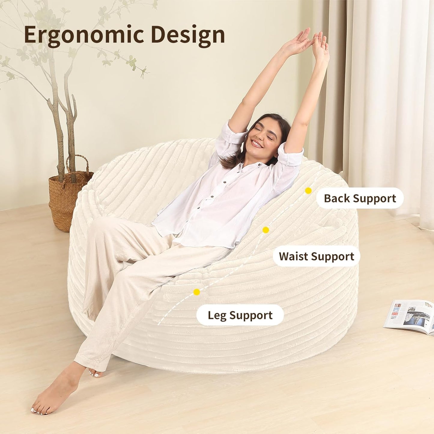 Memory Foam Bean Bag Chair for Adults/Teens, Bean Bag Sofa with Fluffy Removable Cover, for Living Room Bedroom, 4FT White