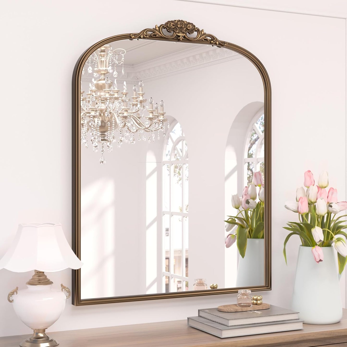 Keonjinn Gold Vintage Mirror 30" x 36", Antique Brass Mirrors for Wall Decor, Arched Decorative Mirror for Mantle, Hallway, Living Room, Fireplace, Bedroom, Bathroom Mirror with French Cleat Mounting