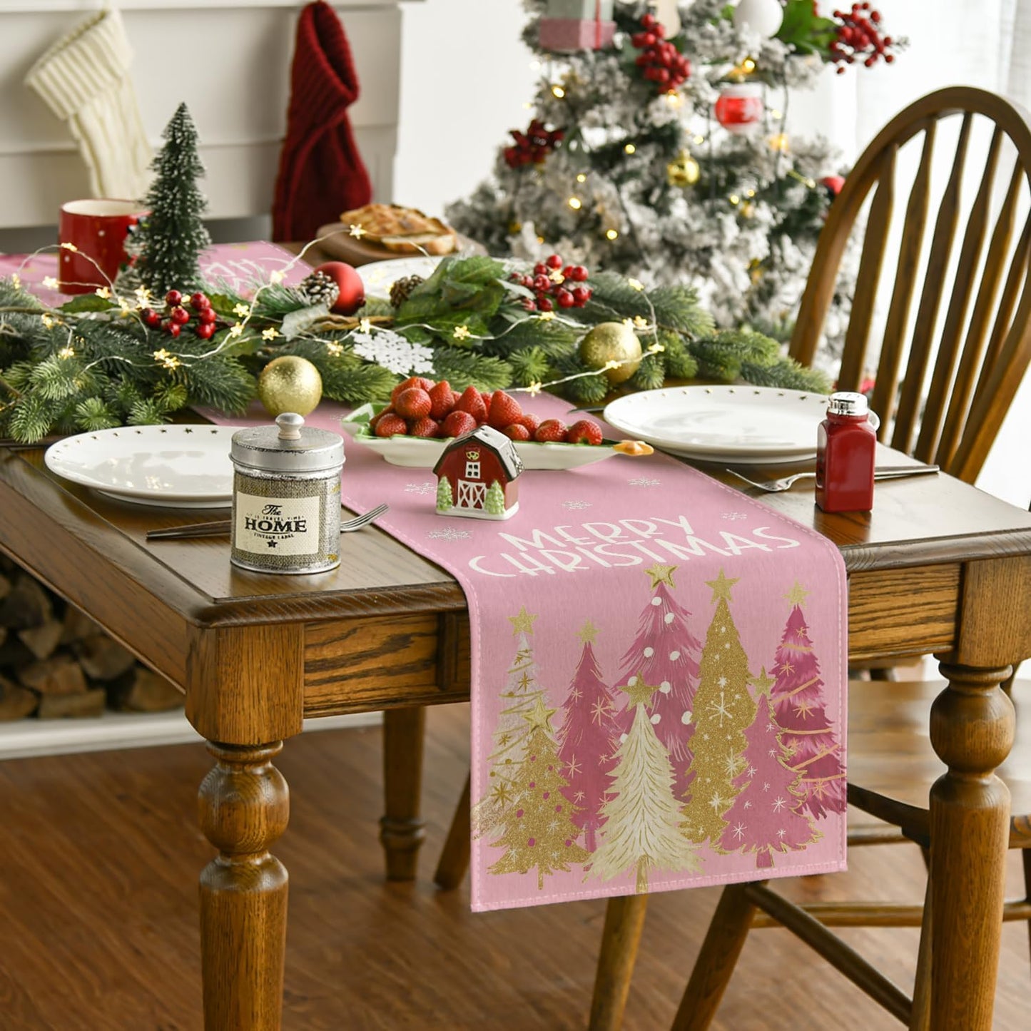 Artoid Mode Xmas Trees Snowflakes Pink Merry Christmas Table Runner, Winter Seasonal Kitchen Dining Table Decoration for Home Party Decor 13x120 Inch