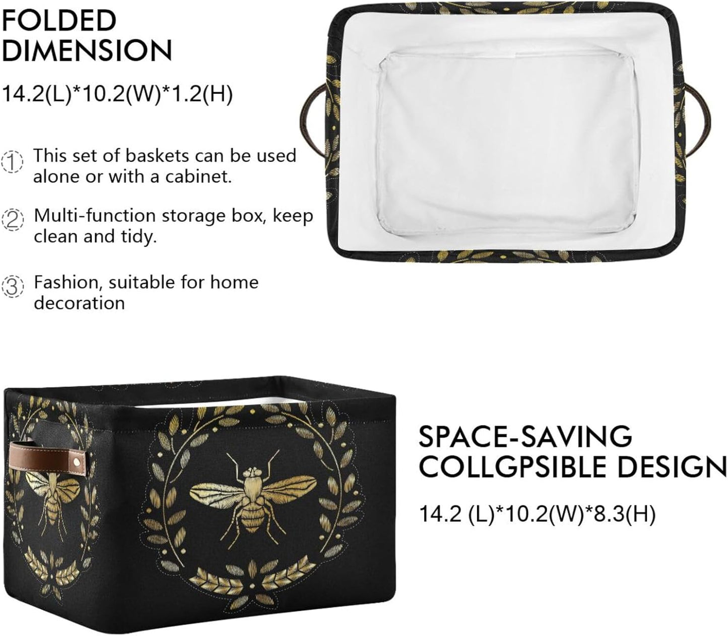 susiyo Storage Baskets for Shelves Organizer Baskets with Metal Frame Closet Storage Bins Fabric Bins Cubes with PU Handles for Organizing Shelf Nursery Toys 1 PACK,Gold Bee Floral