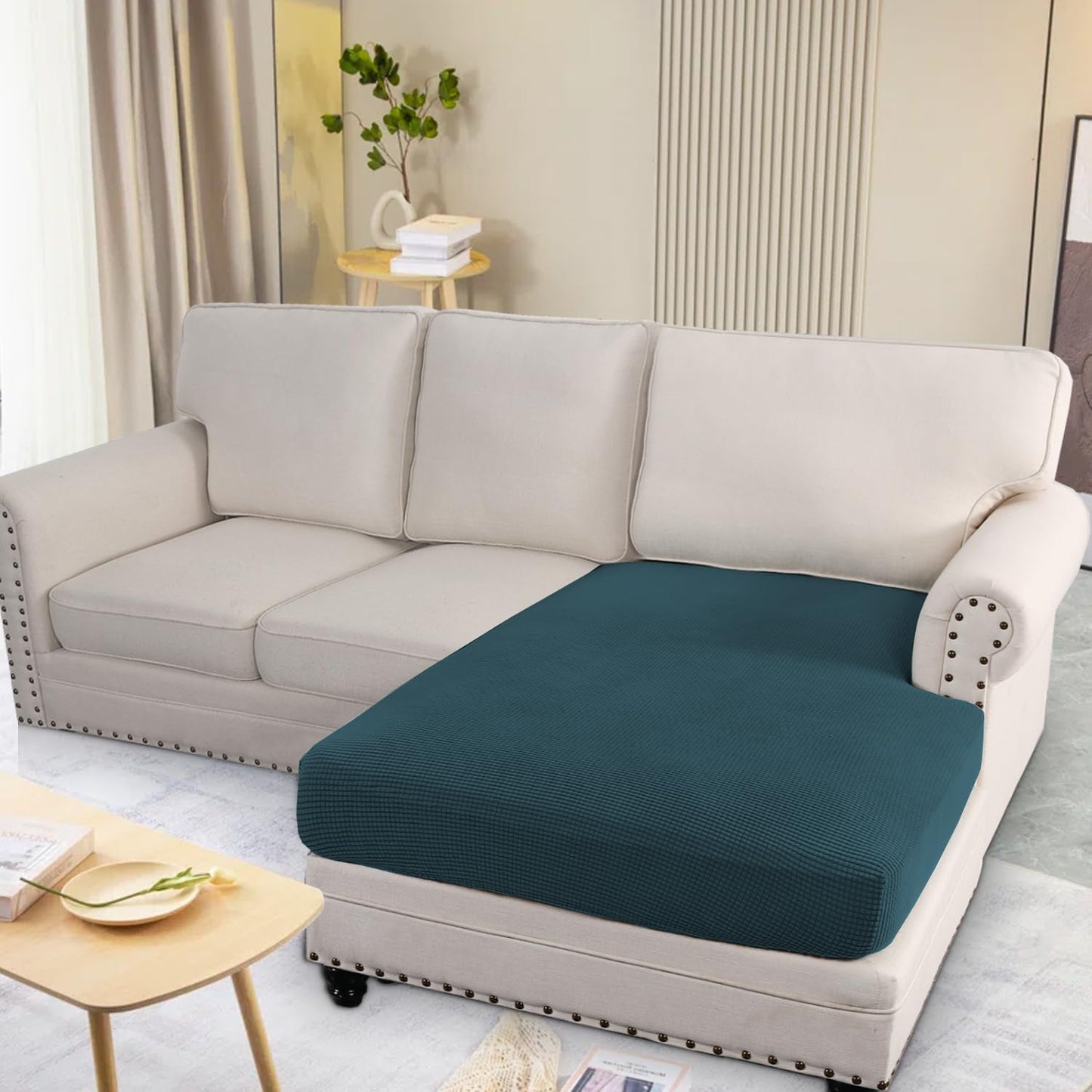 H.VERSAILTEX Super Stretch Individual Chaise Cover Sectional Couch Covers for L Shaped Sofa Both Left/Right Featuring Thick Jacquard Textured Twill Fabric (1 Piece Chaise Cover, Deep Teal)