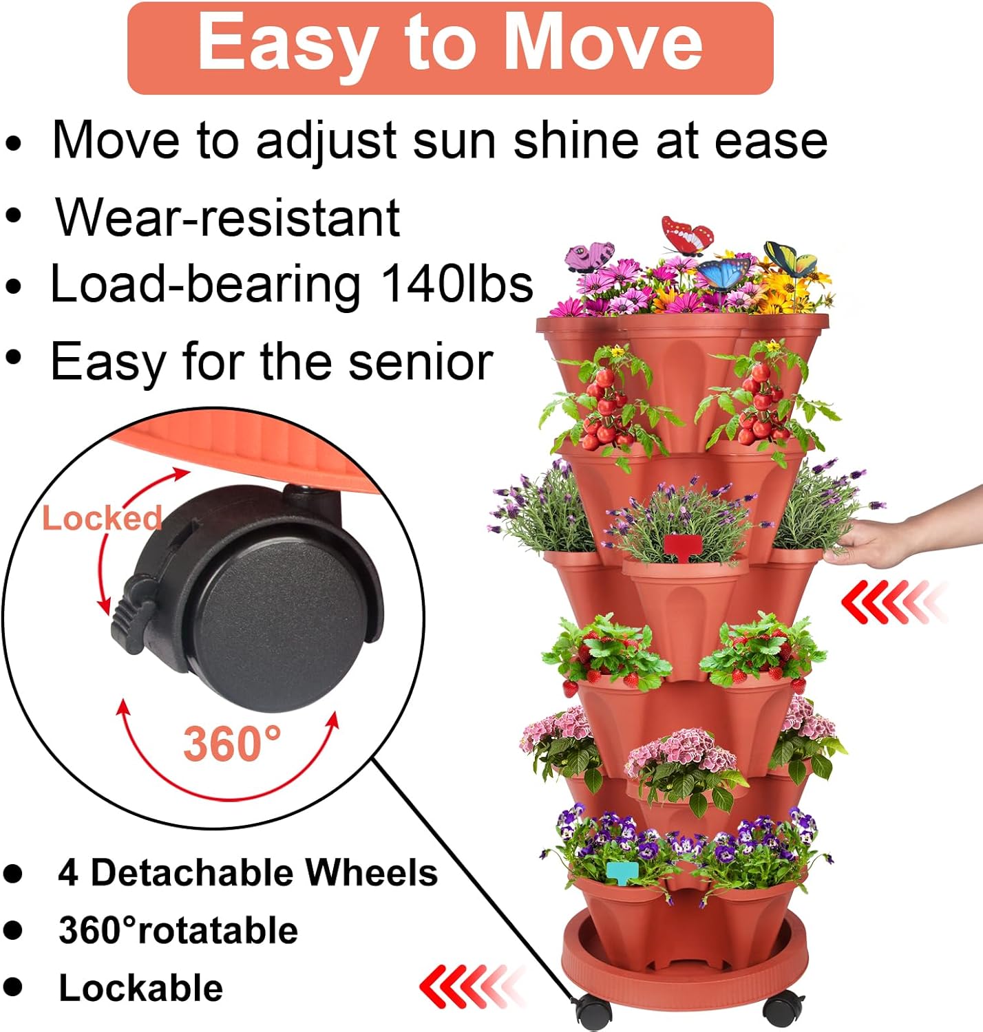 Vertical Planter, 6 Tier Stackable Strawberry Planter with Garden Tool Set, Movable Indoor/Outdoor Garden Herb Pot for Growing Vegetables and Succulents, Red