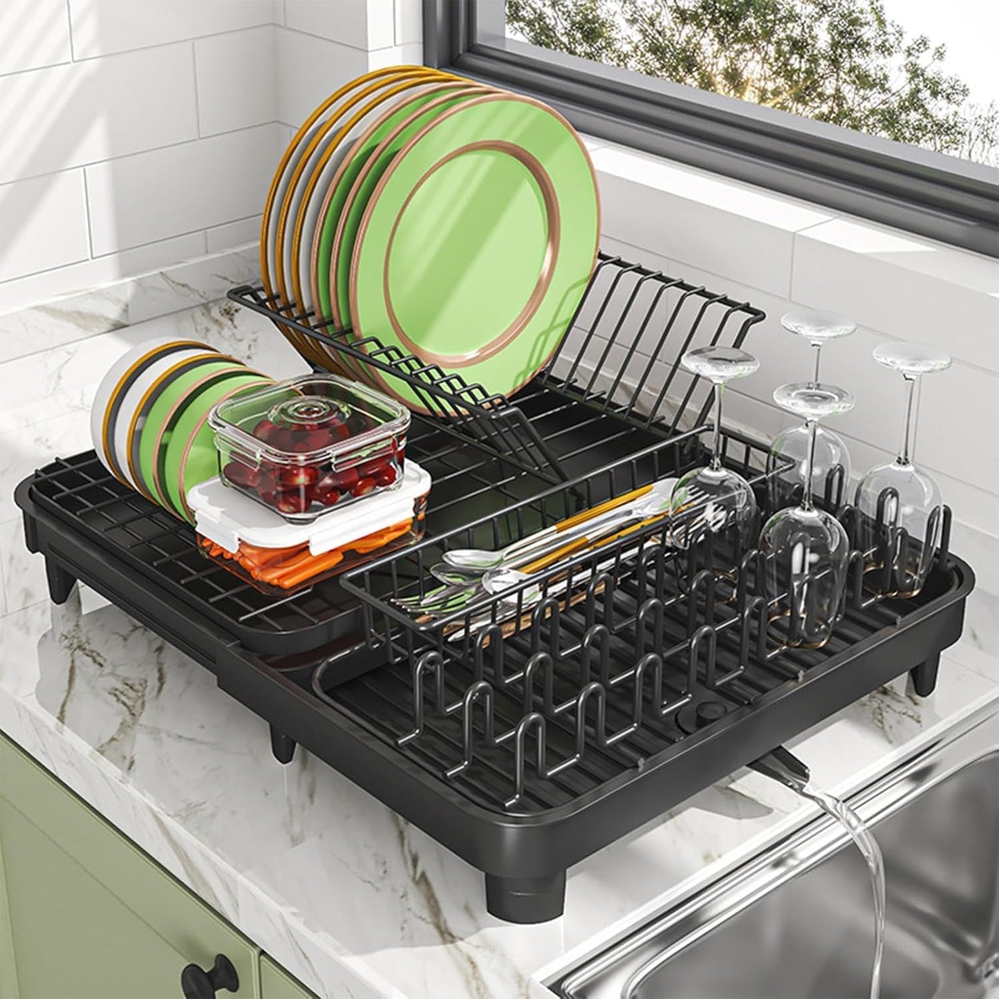 LEMIKKLE Dish Drying Rack, Large-Capacity Dish Drainer with Cutlery Holder Rotatable Water Drainer for Kitchen Counter,20.5" D x 16.1" W x 5.5" H
