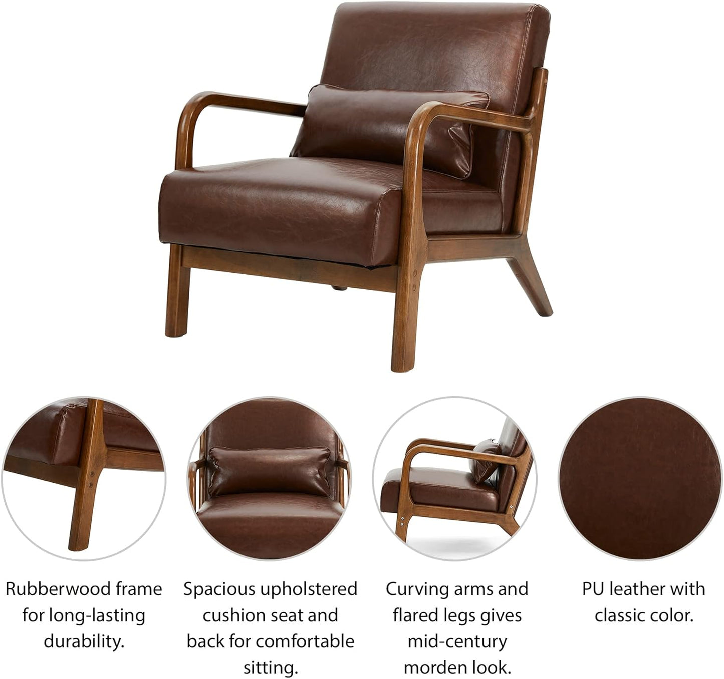 Glitzhome 30.75 "H Mid Century Coffee Accent Armchair, Single Reading Armchair PU Leather Lounge Chair with Walnut Ruberwood Frame