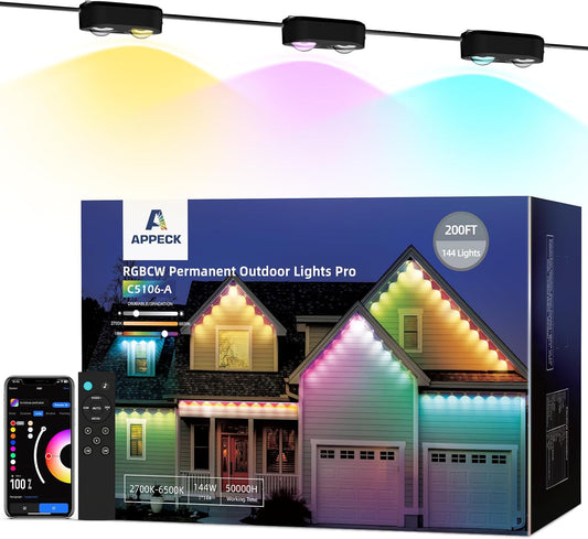 Permanent Outdoor Lights Pro 200ft, RGBCW Smart Eaves Lights with 144 LED Lights, Dual Lens, Cuttable, 111 Scene Modes, IP67 Waterproof Lighting for Holiday Decoration, Work with Alexa, Black