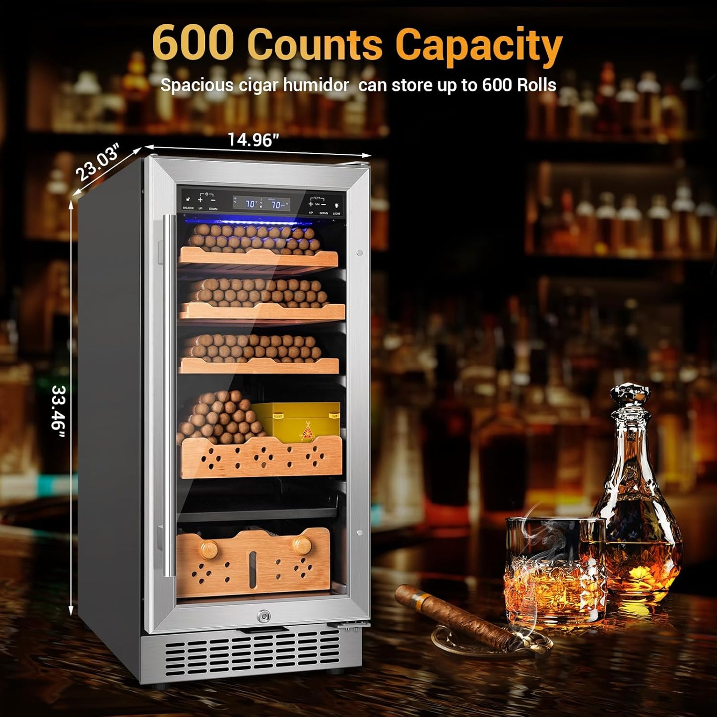 Electric Cigar Humidor, 15 Inch Upgraded Large Capacity Humidor Cabinet with Powerful Compressor, Digital LED Screen, Safety Lock, Smart Humidity & Temp Control, Gifts for Men