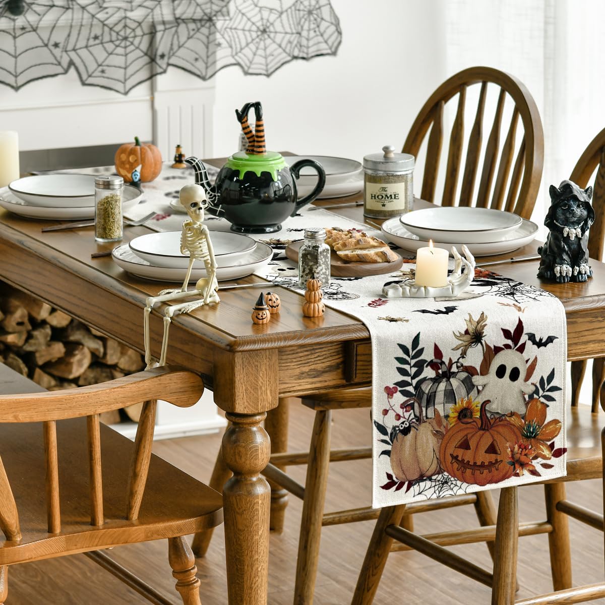 Artoid Mode Pumpkin Ghost Leaves Spider Web 210 GSM Halloween Table Runner, Spooky Kitchen Dining Table Decoration for Home Party Decor 13x60 Inch