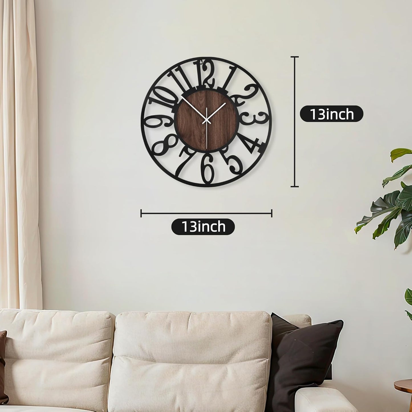 Maxstar Round Wall Clock for Living Room Decor Battery Operated Non Ticking Silent Vintage Black Metal Wood Clocks for Home Living Room Garden Farmhouse Office Kitchen Decoration -13 inch