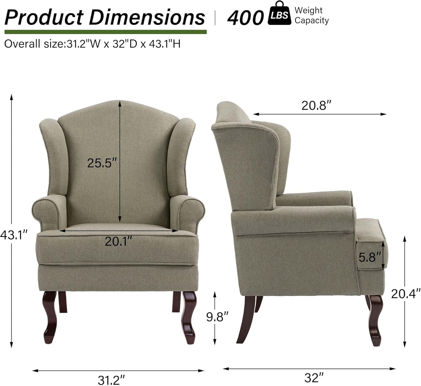Accent Chair, High Back Upholstered Armchair with High Resilience Sponge & Wood Legs, Mid-Century Modern Comfy Single Sofa Reading Chairs for Living Room, Bedroom (Light Camel, Set of 2)