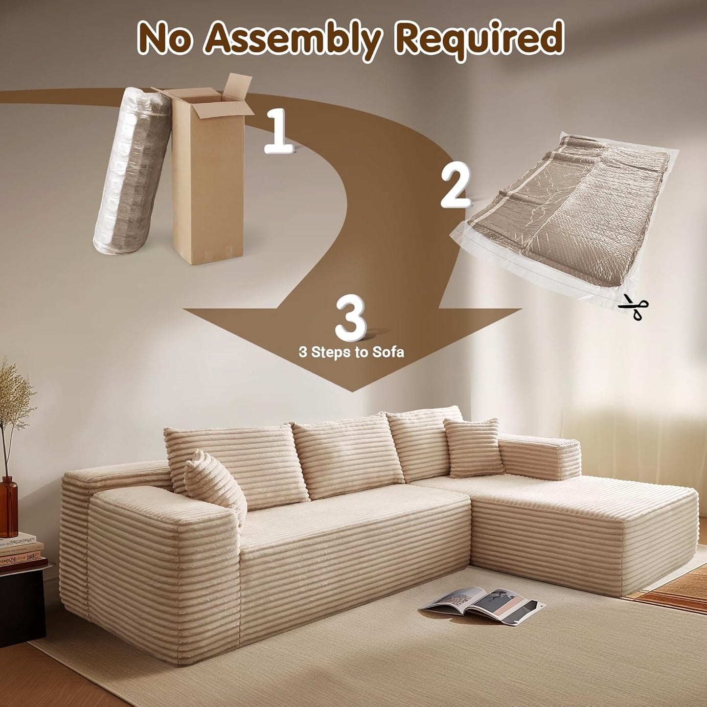 ovios 104" Cloud Sectional Couch with L-Shape Chaise,Modern Modular Sofa with Deep Seat, Upholstered Couches for Living Room Bedroom,No Assembly Required, Beige (Plush Corduroy Fabric)