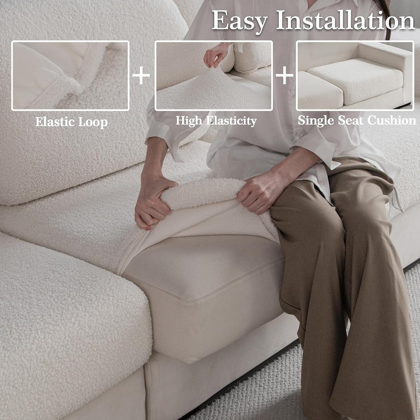 Couch Cushion Covers for Sectional Sofa, Stretch Soft Sofa Slipcovers Washable Wear-Resistant Universal Furniture Protector for Living Room(3 Seaters Covers+1 Chaise Cover, Ivory)