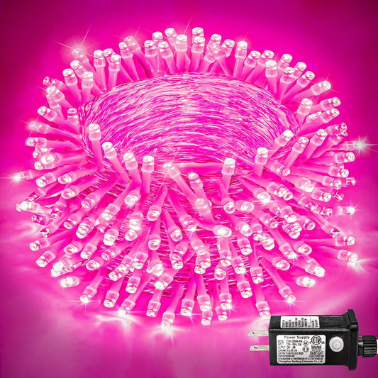 250 LED Pink String Lights Outdoor, 82ft Pink Christmas Lights 8 Modes Lights Clear Wire, Plug in Waterproof Fairy String Lights for Bedroom Christmas Decorations