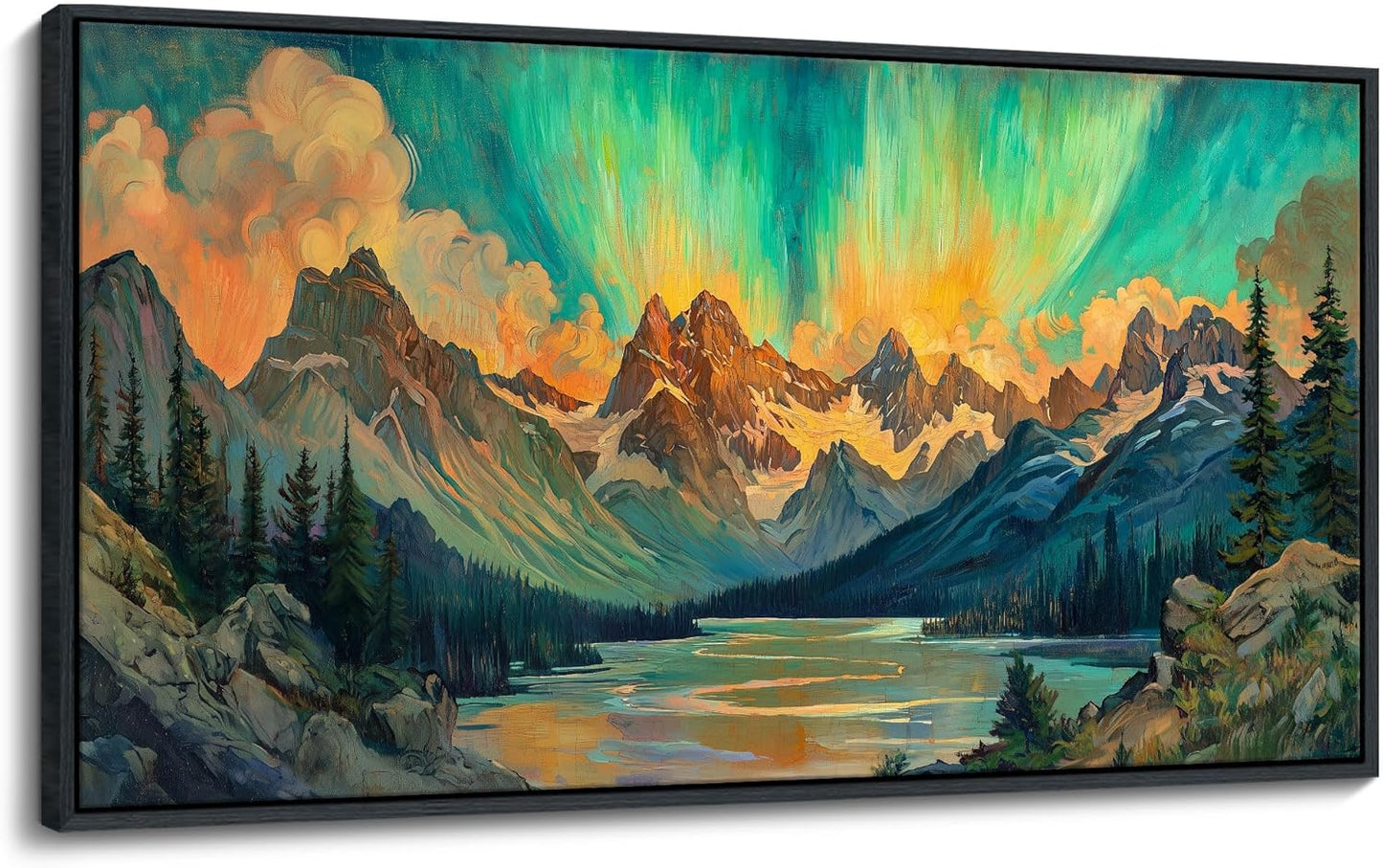 JEAWA Framed Canvas Wall Art - 24x48 In Large Abstract Painting Decor, Textured Mountain Lake Tree Aurora Polaris Pictures, Modern Art Prints for Bedroom Living Room Bathroom Home Decoration