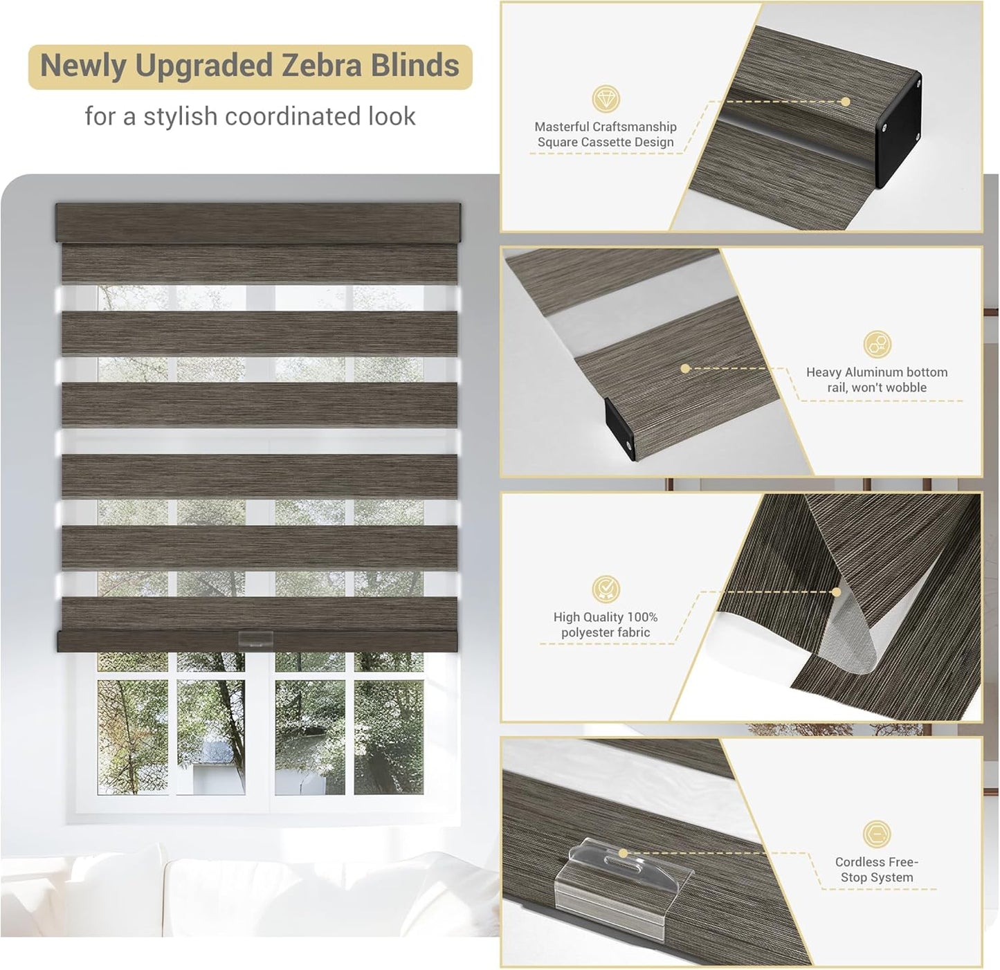 Cordless Zebra Blinds for Windows, Blackout Interior Blinds,Easy to Install,UV Protection,for Offices and Home,Custom Roller Shades, Mousse Dark Bown,87" W x 80" H
