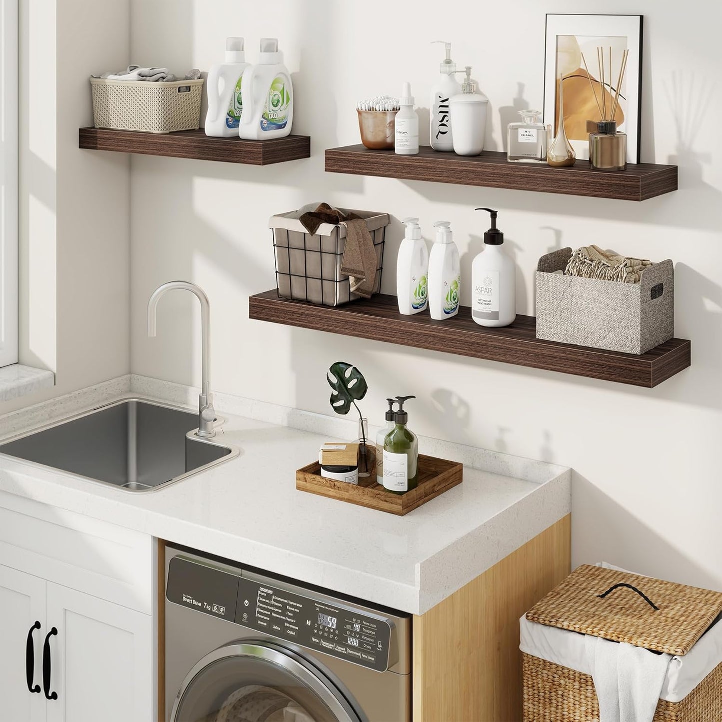 fuqing Floating Shelves for Wall, Bathroom Shelf Wall Mounted for Storage, Shelves with Invisible Bracket for Bedroom, Kitchen, Living Room, Farmhouse Small Book Shelf, 16 Inch Set of 2, Walnut