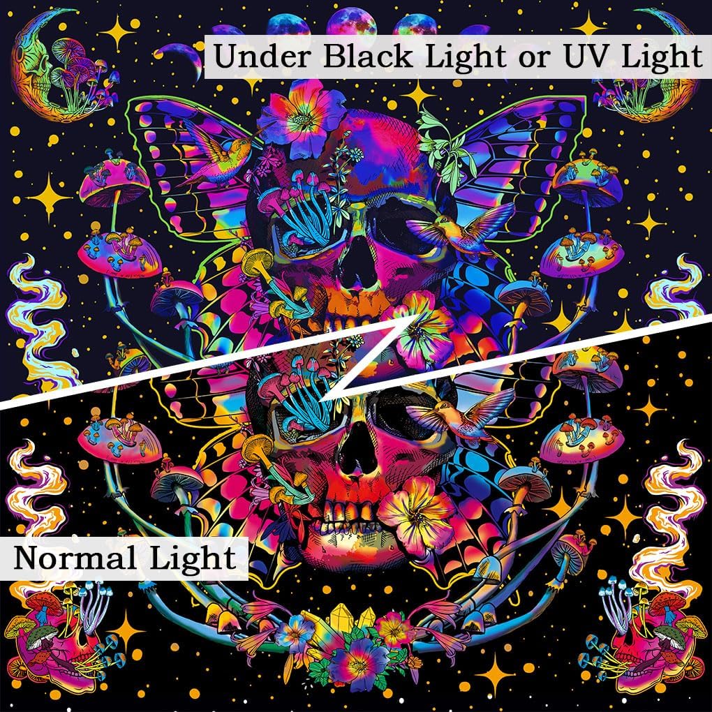 Xiaoput Blacklight Skull Tapestry, UV Reactive Mushroom Butterfly, Aesthetic Moth Moon Flowers, Hippie Skeleton Wall Hanging for Bedroom, Living Room, Home, Dorm 40x30IN
