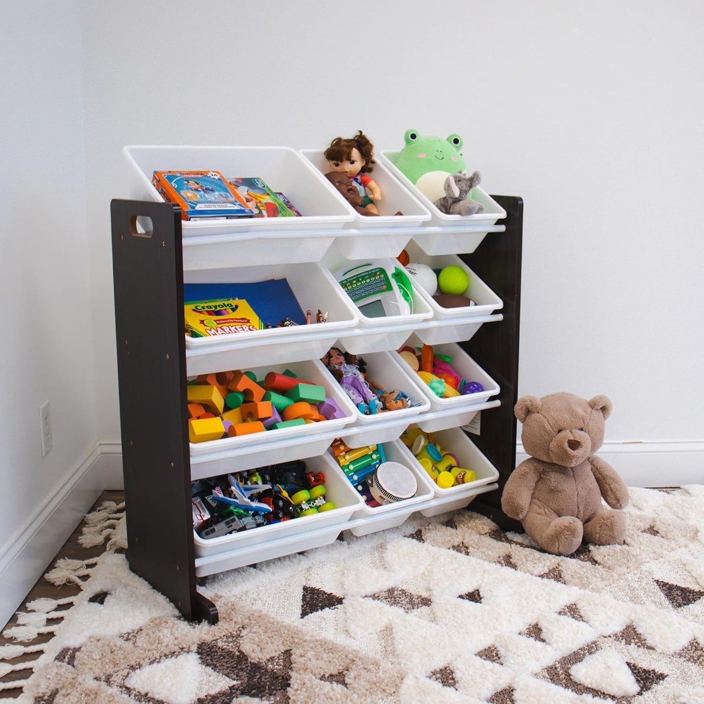 Humble Crew Kids Toy Storage Organizer with 12 Plastic Bins, Espresso/White – Removable Bins for Playroom, Bedroom, Toddler Furniture for Boys and Girls Ages