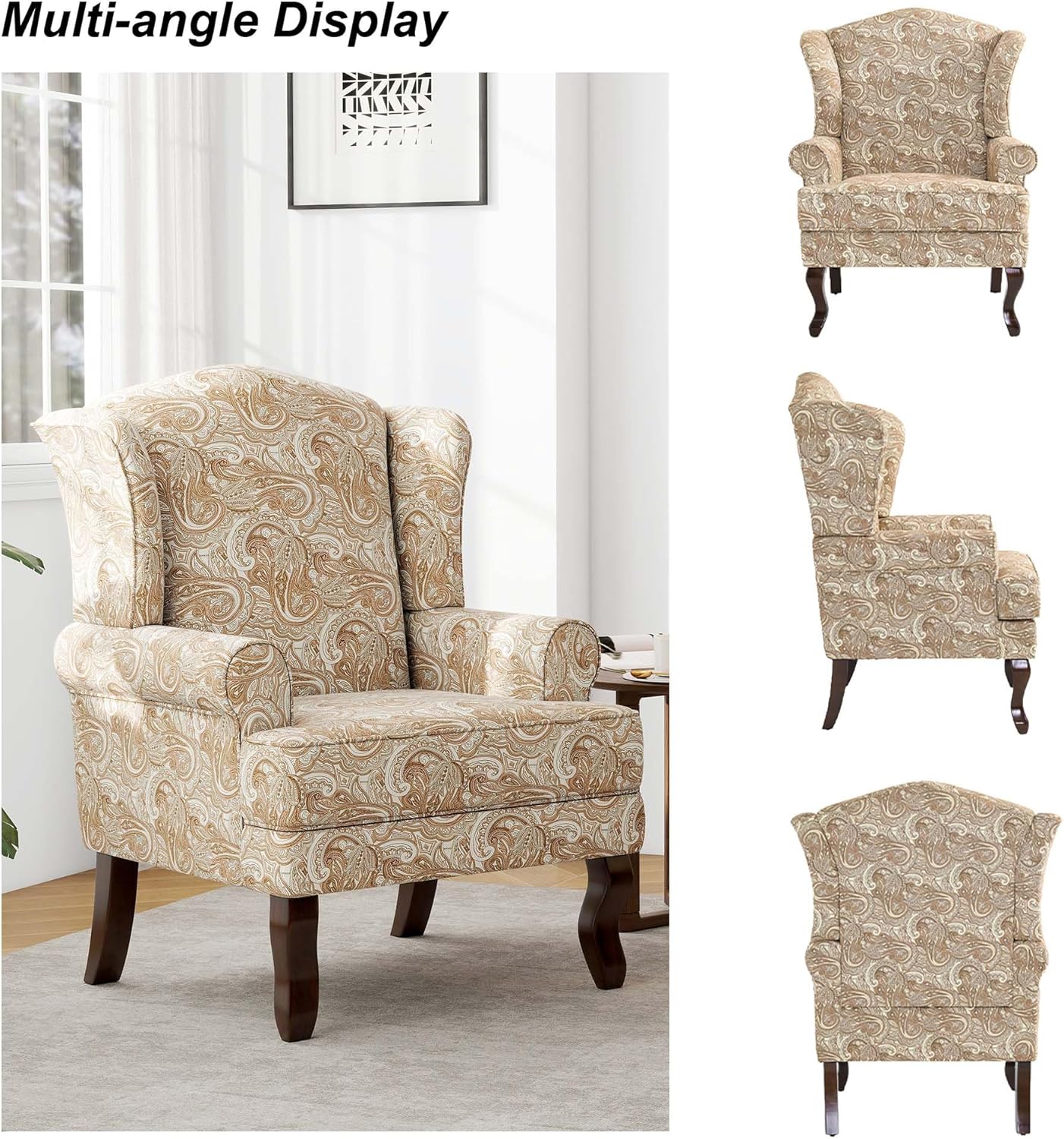 Accent Chair, High Back Upholstered Armchair with High Resilience Sponge & Wood Legs, Mid-Century Modern Comfy Single Sofa Reading Chairs for Living Room, Bedroom (Floral Sand, Set of 2)