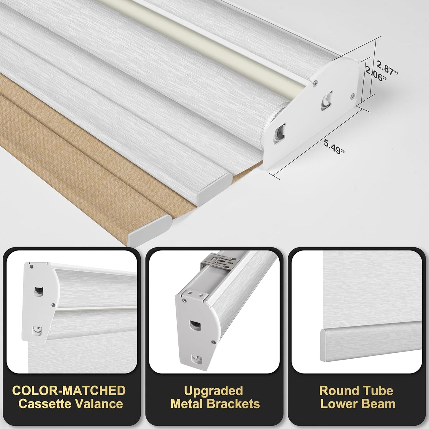 BERISSA Cordless Dual Roller Shades with Cassette Valance, Blackout and Light Filtering, Day and Night Shades for Home Office Door. Linen Beige and White. 74 W x 64" H