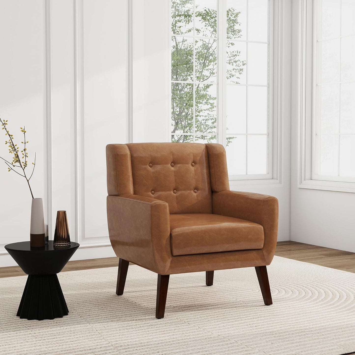 UIXE PU Leather Accent Chairs Set of 2, Modern Arm Club Chair Upholstered Armchair for Living Room, Comfy Single Sofa Seats Button Tufted Reading Seating, Brown
