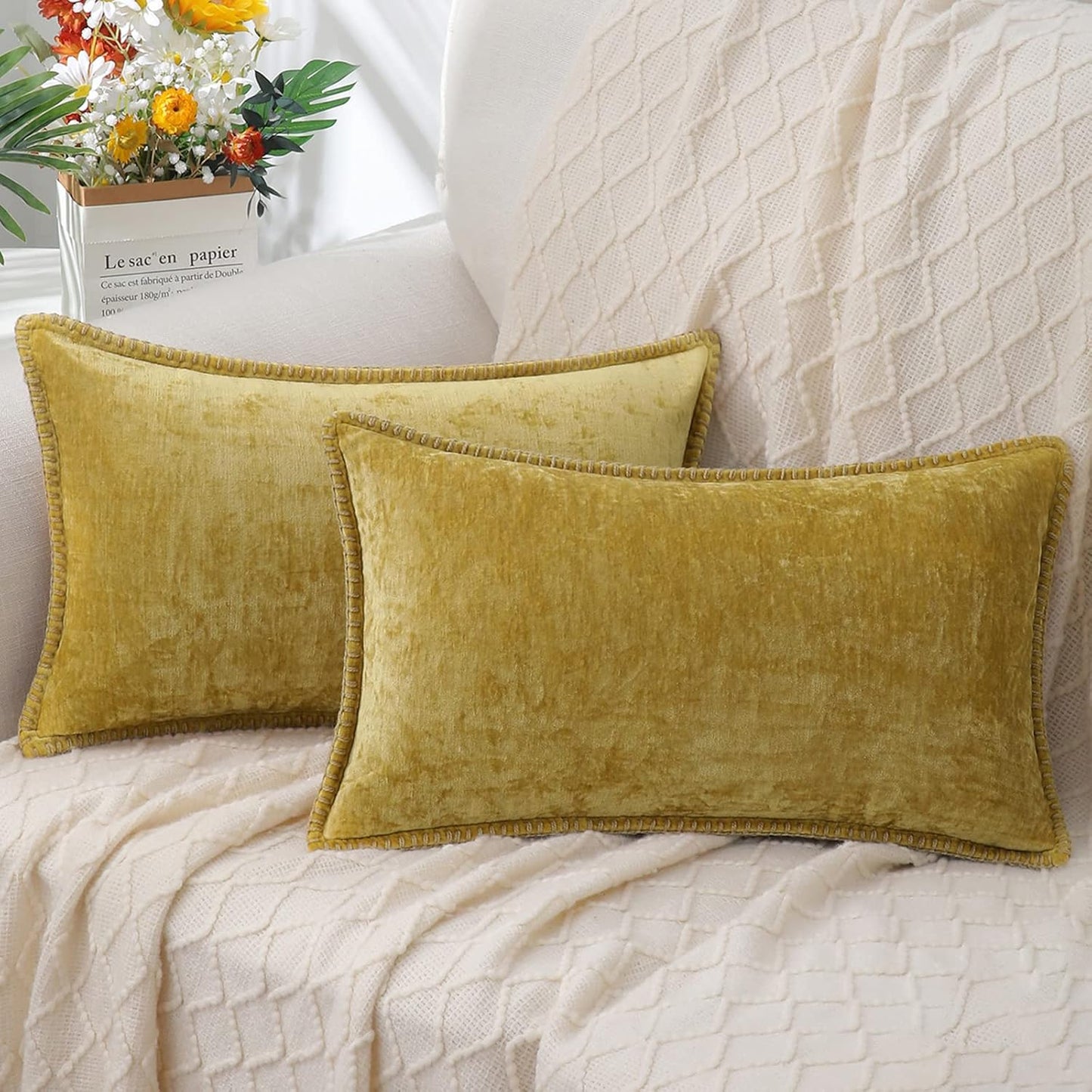 decorUhome Chenille Soft Throw Pillow Covers 12x20 Set of 2, Lumbar Velvet Farmhouse Neutral Decorative Euro Pillow Covers with Stitched Edge for Couch Sofa Bed Home Decor, Mineral Yellow