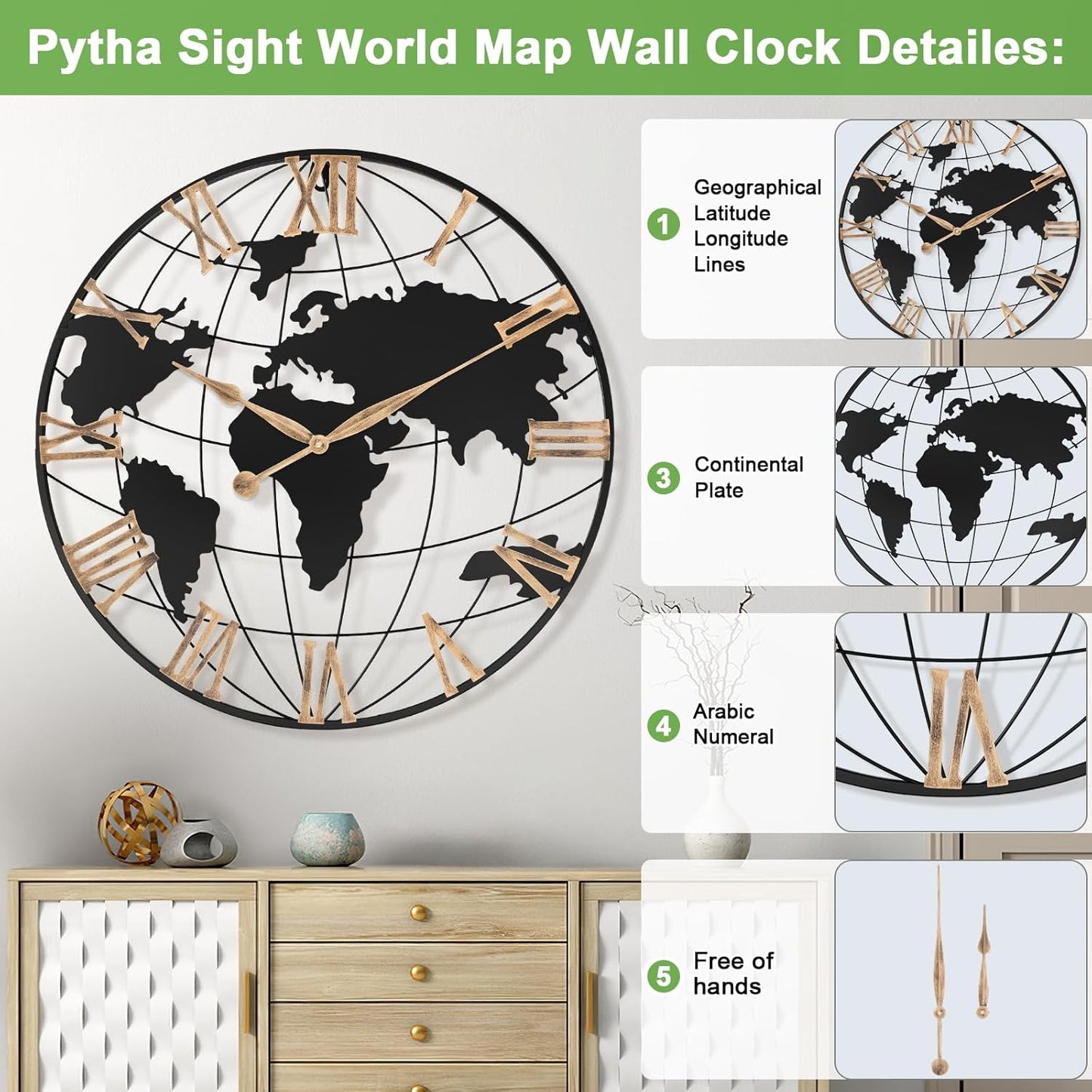 30 Inch Extra Giant Large Wall Clock Oversized,Black Big Metal Modern Decorative Silent World Map Wall Clock with Vintage Gold Roman Numeral for Office,Living Room,Kitchen,Dining Room Decor
