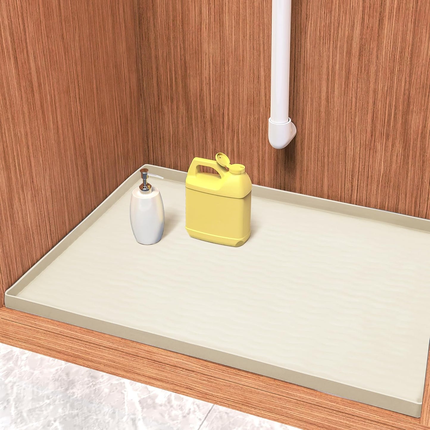 URMONA Waterproof Silicone Under Sink Mat 22'' x 19'' Shelf Liner for Kitchen and Bathroom, Cabinet and Counter Protector, Storage and Organizers, Litter Mat, Pet Cat Puppy Essentials(Cream)