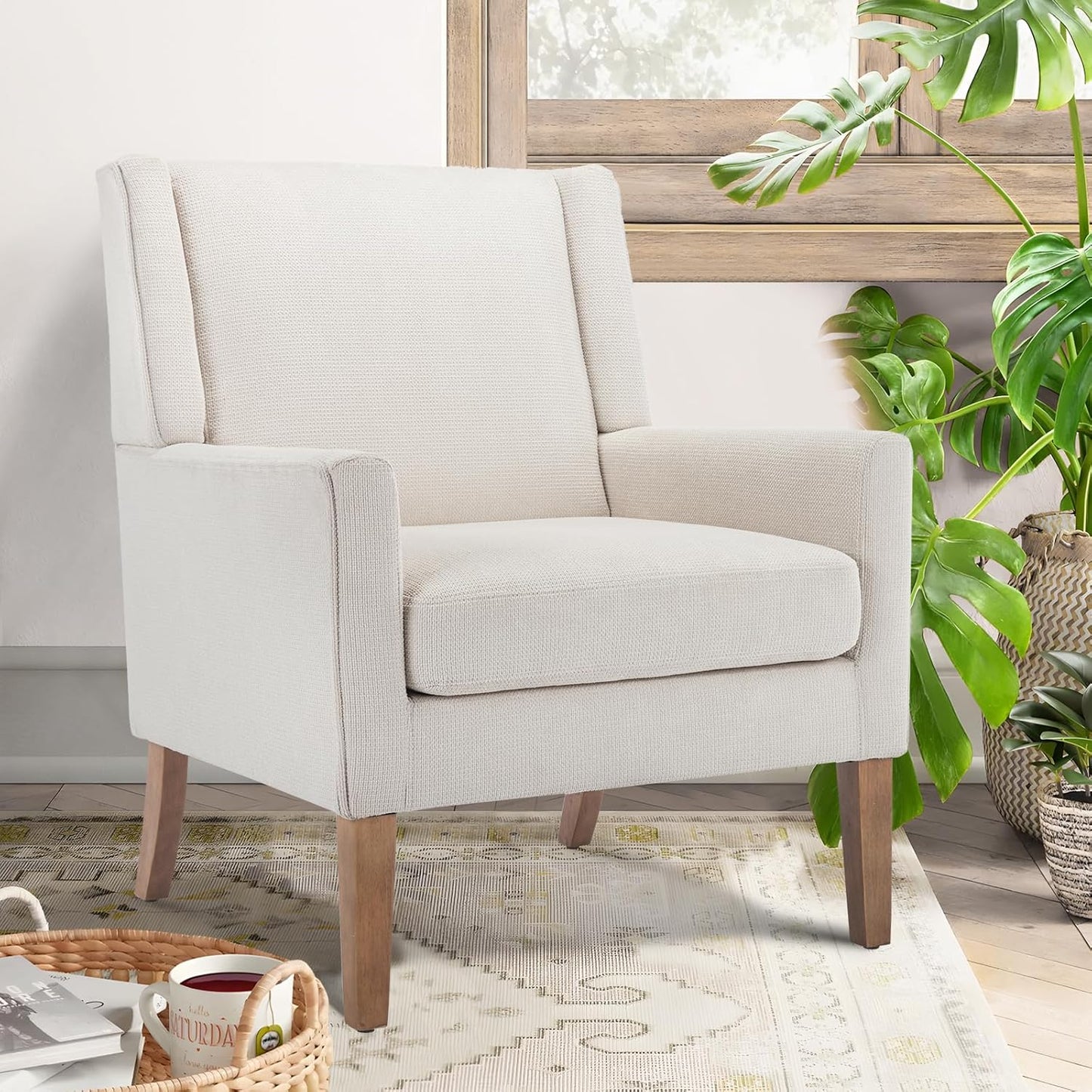 COLAMY Modern Wingback Living Room Chair Set of 2, Upholstered Fabric Accent Armchair, Single Sofa Chair with Lounge Seat and Wood Legs for Bedroom/Office/Reading Spaces, Beige