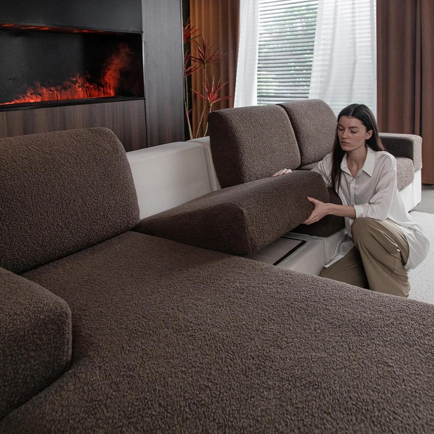 Couch Cushion Covers for Sectional Sofa, Stretch Soft Sofa Slipcovers Washable Wear-Resistant Universal Furniture Protector for Living Room(2 Seaters Covers+1 Chaise Cover, Brown)