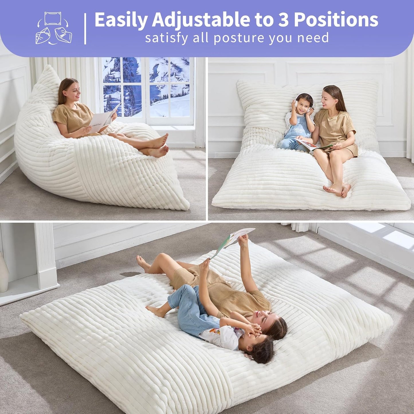 Hobestluk 3 in 1 Bean Bag Chair Giant Bean Bag Chairs Convertible Bean Bag Floor Cushion with Machine Washable Cover, Beanbag Chairs for Adult (White)