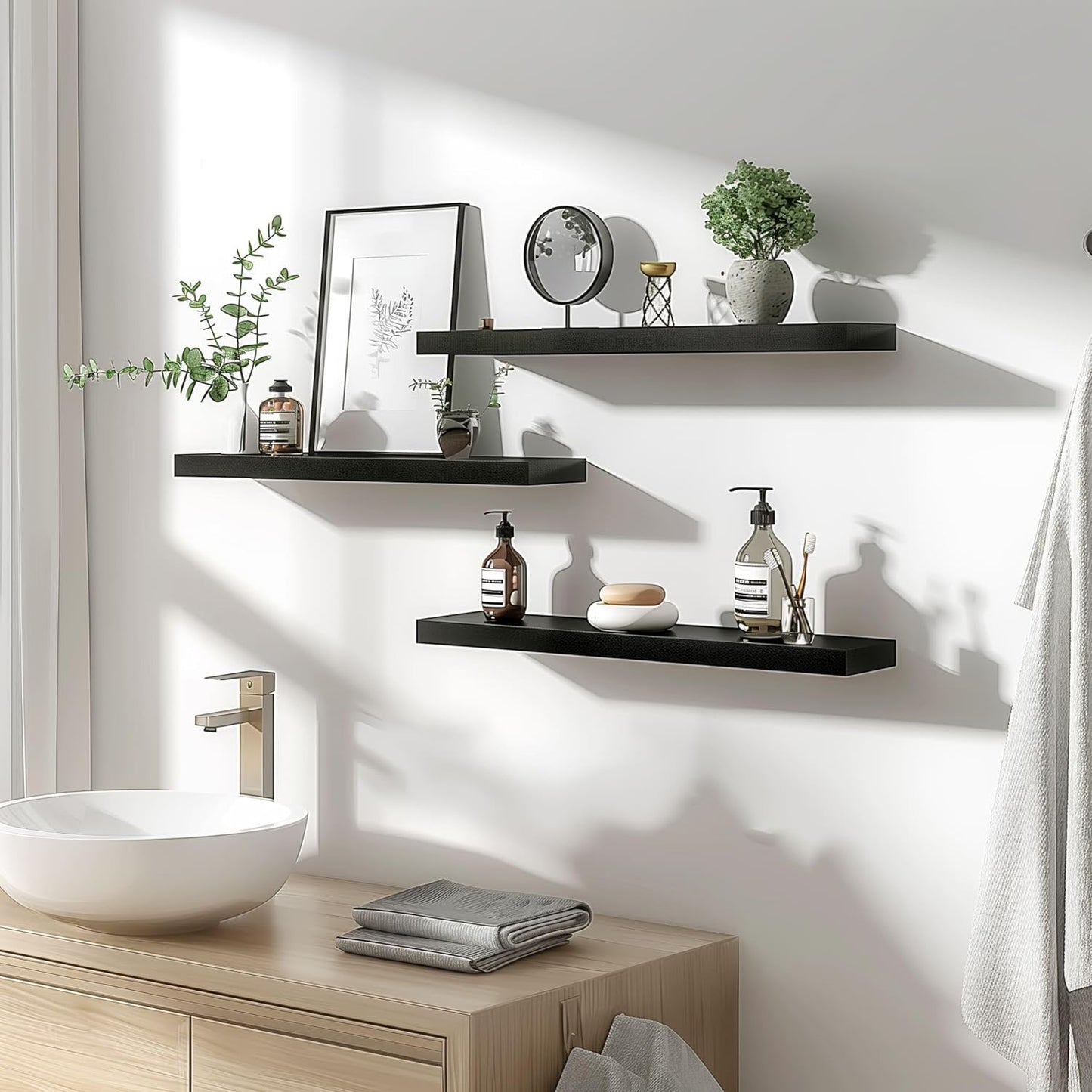 Wood Floating Shelves for Wall Decor, Rustic Wall Shelves for Bedroom Bathroom Kitchen Living Room, Set of 4 Black 24 Inch