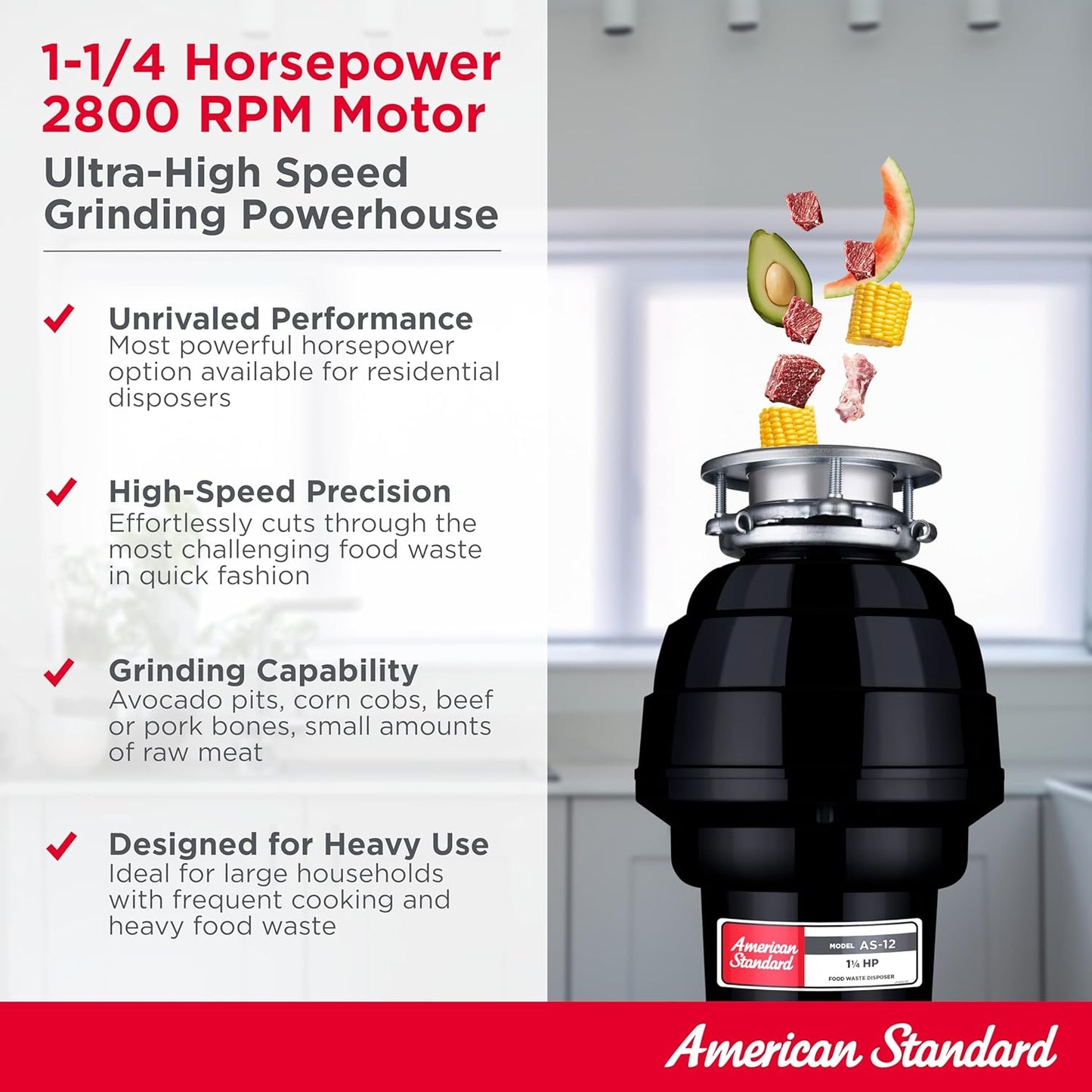 American Standard 10-US-AS-12 Garbage Disposal Anti-Jam Stainless Steel Food Waste Grinding System, Heavy Duty, 1.25 HP, Black