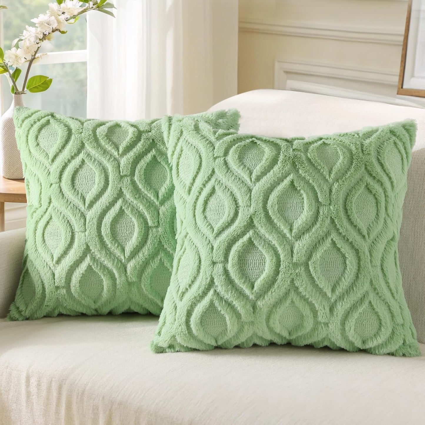 decorUhome Throw Pillow Covers 16x16 Inch Set of 2, Soft Plush Decorative Faux Fur Sage Green Solid Couch Pillow Covers, Accent Farmhouse Neutral Square Euro Pillow Cases for Sofa Bed Living Room