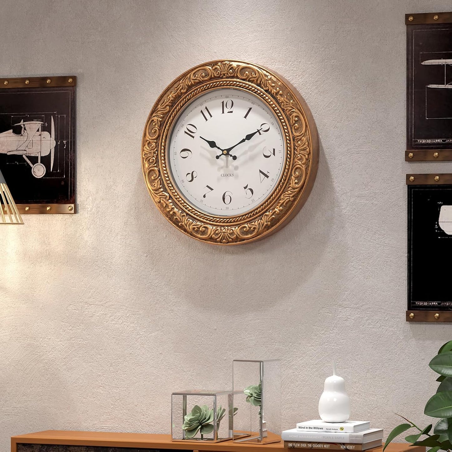 Menterry European Vintage Decorative Wall Clock, 12" Antique Gold Style, Battery Operated Wall Clocks for Kitchen, Bedroom, Farmhouse, Bathroom, Offices