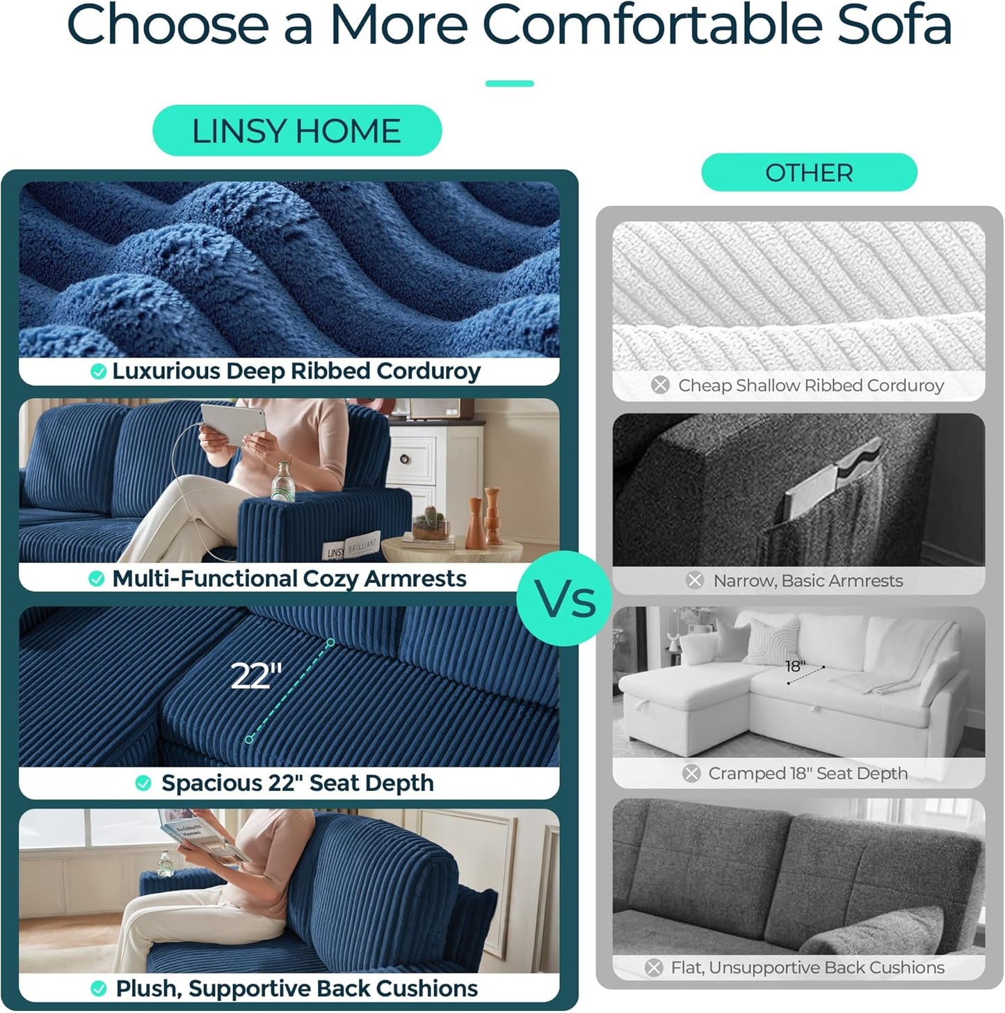LINSY HOME Sectional Sleeper Sofa with Pull Out Couch Bed - Convertible Plush Corduroy Cloud Couch with Storage Chaise & USB Charging, Comfy U Shaped Modular Couches for Living Room, Blue